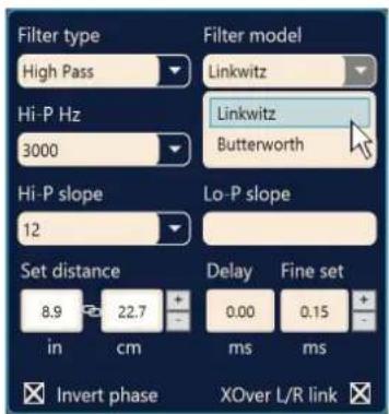 Filter type High Pass Hi-P Hz 3000 Filter model Linkwitz Linkwitz Butterworth Hi-P slope 12 Lo-P slope Set distance 8.9 22.7 in cm Delay Fine set 0.00 0.15 ms ms Invert phase XOver L/R link