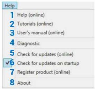 Help 1 Help (online) 2 Tutorials (online) 3 User's manual (online) 4 Diagnostic 5 Check for updates (online) ✓6 Check for updates on startup 7 Register product (online) 8 About