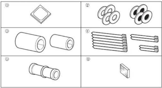 Six-panel diagram showing mechanical components with numbered labels, including square, ring, cylindrical, and rectangular parts.