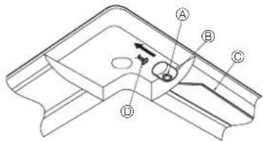 Technical diagram of a mechanical component with labeled parts A, B, C, and D