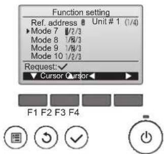 Function setting Ref. address Unit # 1 (1/4) ► Mode 7 1/2/3 Mode 8 1/8/3 Mode 9 1/8/3 Mode 10 1/2/3 Request: ✓ ▼ Cursor Cursor ▶ F1 F2 F3 F4