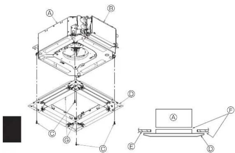 Technical diagram of a mechanical assembly with labeled components A through F, showing cross-sectional views and assembly lines.