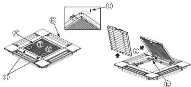 Technical diagram showing exploded view of a mechanical assembly with labeled components A through E