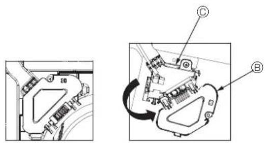 Technical diagram showing mechanical assembly with labeled parts (C and B) and directional arrows indicating motion or flow.