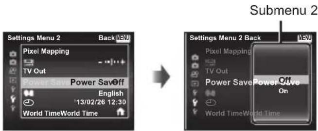 OLYMPUS DZ-100 - Use △▽ to select the desired submenu 1 and then press the Ⓞ OK button. - 1