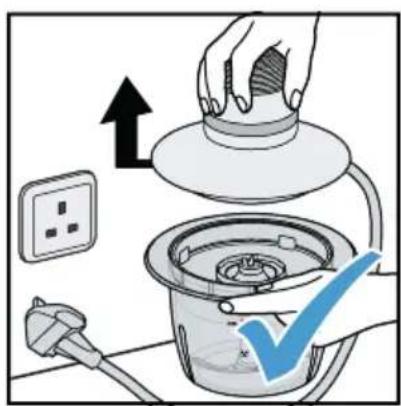 Diagram showing a hand pouring liquid into a container with an upward arrow and a blue checkmark indicating inspection or testing.