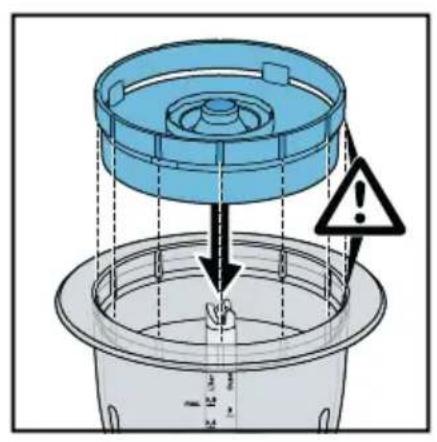 Diagram showing a blue plastic container with a lid and warning symbol indicating hazard or caution.