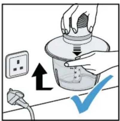 Diagram illustrating a hand washing a water container with an outlet, showing electrical connections and a checkmark.