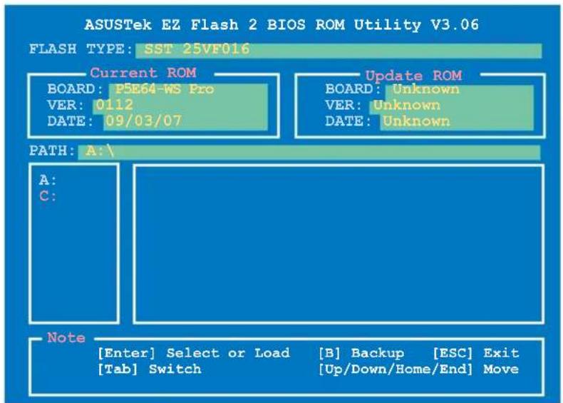 ASUSTek EZ Flash 2 BIOS ROM-Dienstprogramm V3.06 FLASH-TYP: SST 25VF016 Aktuelles ROM BOARD: P5E64-WS Pro VER: 0112 DATUM: 09/03/07 Update-ROM BOARD: Unbekannt VER: Unbekannt DATUM: Unbekannt PFAD: A:\ A: C: Hinweis [Enter] Auswählen oder Laden [B] Sichern [ESC] Beenden [Tab] Wechseln [Auf/Ab/Pos1/E…