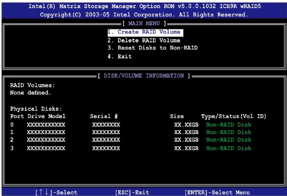 Intel(R) Matrix Storage Manager Option ROM v5.0.0.1032 ICH9R wRAID5 Copyright(C) 2003-05 Intel Corporation. Alle Rechte vorbehalten. [ HAUPTMENÜ ] 1. RAID-Volume erstellen 2. RAID-Volume löschen 3. Festplatten auf Nicht-RAID zurücksetzen 4. Beenden [ DISK-/VOLUME-INFORMATIONEN ] RAID-Volumes: Keine…