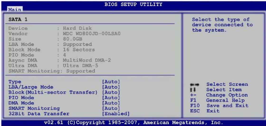 Main BIOS SETUP UTILITY SATA 1 Gerät : Festplatte Hersteller : WDC WD800JD-00LSA0 Größe : 80,0 GB LBA-Modus : Unterstützt Block-Modus : 16 Sektoren PIO-Modus : 4 Async DMA : MultiWord DMA-2 Ultra DMA : Ultra DMA-5 SMART-Überwachung: Unterstützt Typ [Auto] LBA/Large-Modus [Auto] Block (Multi-Sektor-T…
