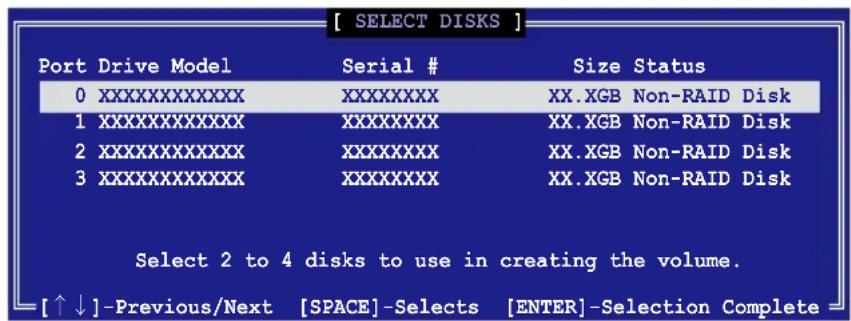 [ FESTPLATTEN AUSWÄHLEN ] Port Laufwerk Modell Seriennummer Größe Status 0XXXXXXXXXX XXXXXXXX XX.XGB Nicht-RAID-Festplatte 1XXXXXXXXXX XXXXXXXX XX.XGB Nicht-RAID-Festplatte 2XXXXXXXXXX XXXXXXXX XX.XGB Nicht-RAID-Festplatte 3XXXXXXXXXX XXXXXXXX XX.XGB Nicht-RAID-Festplatte Wählen Sie 2 bis 4 Festplat…