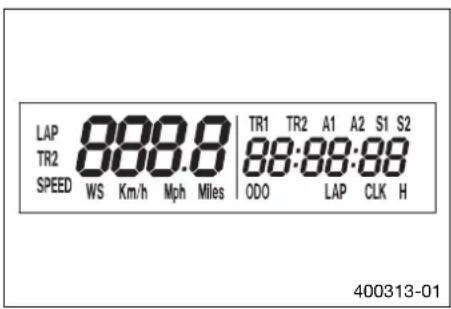 LAP 888.8 TR1 TR2 A1 A2 S1 S2 TR2 88:88:88 SPEED WS Km/h Mph Miles ODO LAP CLK H 400313-01