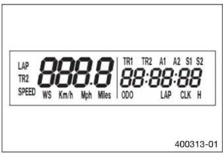 LAP 888.8 TR1 TR2 A1 A2 S1 S2 TR2 88:88:88 SPEED WS Km/h Mph Miles ODO LAP CLK H 400313-01