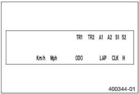 TR1 TR2 A1 A2 S1 S2 Km/h Mph ODO LAP CLK H 400344-01