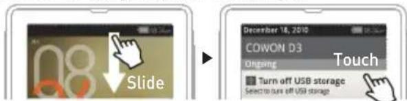 08 Slide December 16, 2010 COWON D3 Ongoing Turn off USB storage Select to run off USB storage Touch