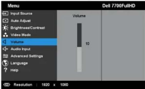 Menu Dell 7700FullHD Input Source Auto Adjust Brightness/Contrast Video Mode Volume Audio Input Advanced Settings Language Help Volume 10 Resolution : 1920 x 1060