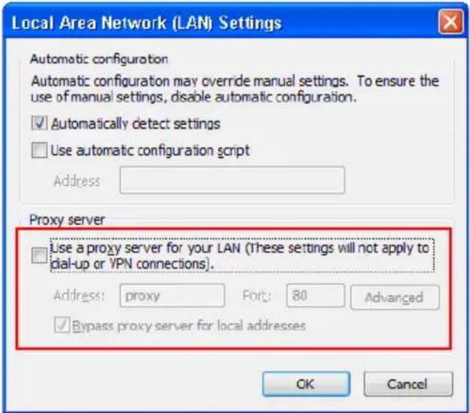 Local Area Network (LAN) Settings Automatic configuration Automatic configuration may override manual settings. To ensure the use of manual settings, disable automatic configuration. ✓ Automatically detect settings ☐ Use automatic configuration script Address Proxy server ☐ Use a proxy server for your LAN (These settings will not apply to dial-up or VPN connections). Address: proxy Port: 80 Advanced ✓ Bypass proxy server for local addresses OK Cancel