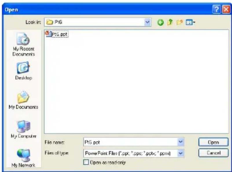 Open Look in: PtG My Recent Documents Desktop My Documents My Computer My Network PtG.pct File name: PtG.pct Files of type: PowerPoint Files (*.ppt; *.pps; *.pptx; *.ppx) Open as read-only Open Cancel