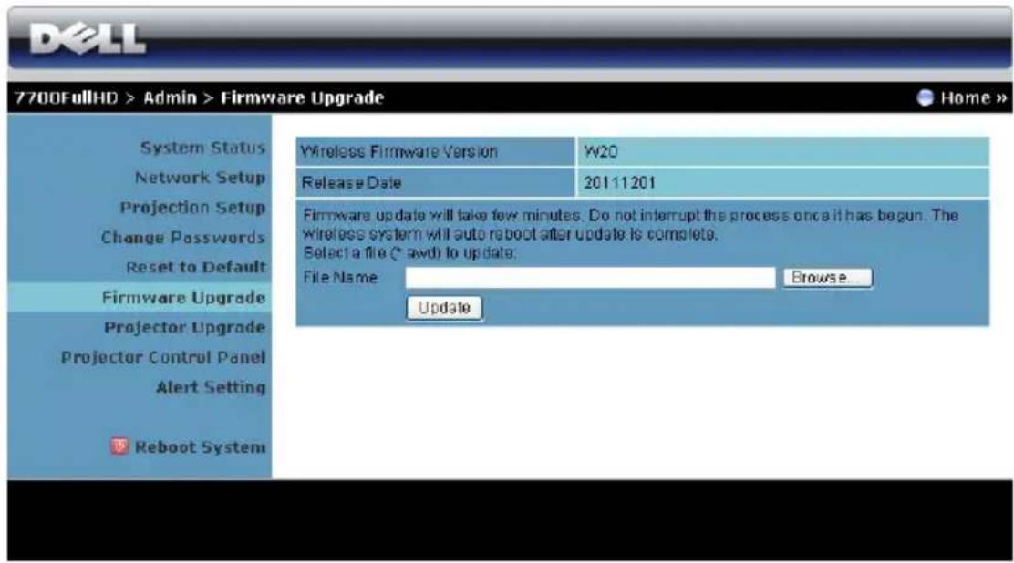 7700FullHD > Admin > Firmware Upgrade System Status Network Setup Projection Setup Change Passwords Reset to Default Firmware Upgrade Projector Upgrade Projector Control Panel Alert Setting Reboot System Wireless Firmware Version W20 Release Date 20111201 Firmware update will take few minutes. Do not interrupt the process once it has begun. The wireless system will auto reboot after update is complete. Select a file (* award) to up date. File Name: Browse... Update Home >