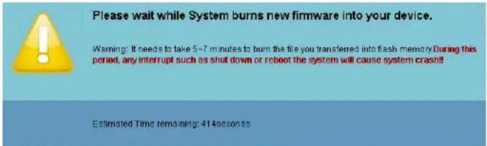 Please wait while System burns new firmware into your device. Warning: It needs to take 5~7 minutes to burn the file you transferred into flash memory. During this period, any interrupt such as shut down or reboot the system will cause system crash! Estimated Time remaining: 414seconds