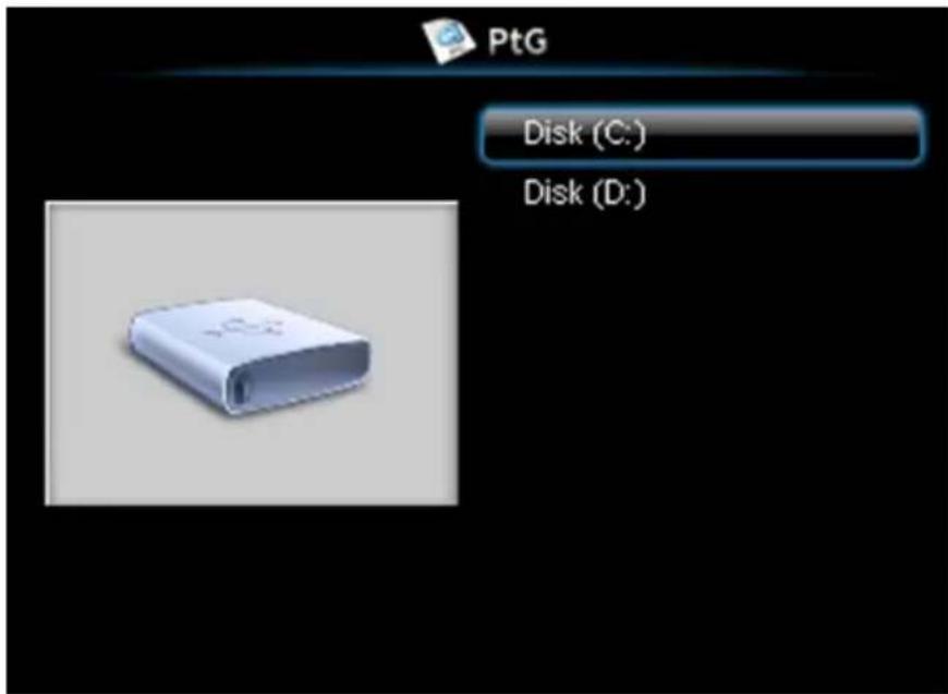 PtG device screenshot showing disk selection options with 'Disk (C:)' and 'Disk (D:)'