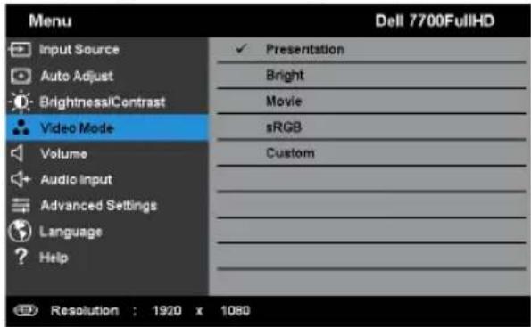 Menu Dell 7700FullHD Input Source Auto Adjust Brightness/Contrast Video Mode Volume Audio Input Advanced Settings Language Help Presentation Bright Movie sRGB Custom Resolution : 1920 x 1080