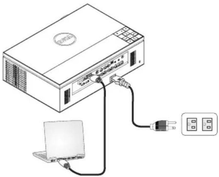 Diagram showing connection between a power supply unit and a laptop, with labeled ports and cable connections.