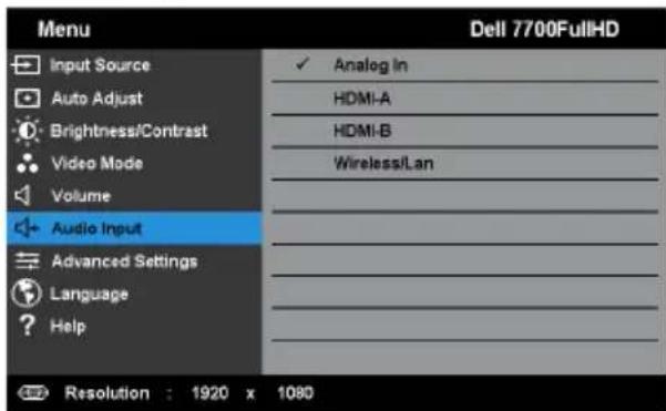 Menu Input Source Auto Adjust Brightness/Contrast Video Mode Volume Audio Input Advanced Settings Language Help Dell 7700FullHD Analog In HDMI-A HDMI-B Wireless/Lan Resolution : 1920 x 1080