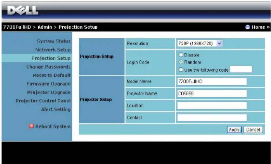7700FullHD > Admin > Projection Setup System Status Network Setup Projection Setup Change Passwords Reset to Default Firmware Upgrade Projector Upgrade Projector Control Panel Alert Setting Reboot System Projection Setup Resolution 720P (1280X720) Login Code Disable Random Use the following code Projector Setup Model Name 7700FullHD Projector Name D05698 Location Contact Apply Cancel
