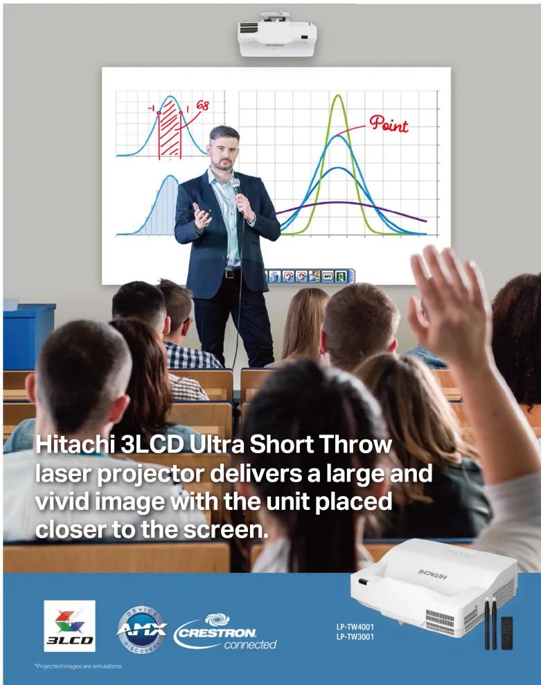 Hitachi 3LCD Ultra Short Throw laser projector delivers a large and vivid image with the unit placed closer to the screen. *Projected images are simulations. CRESTRON. connected LP-TW4001 LP-TW3001