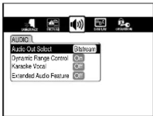 AUDIO Audio Out Select Bitstream Dynamic Range Control On Karaoke Vocal Off Extended Audio Feature Off