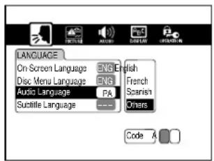 LANGUAGE On Screen Language ENG English Disc Menu Language ENG French Audio Language P& Scandin Sustille Language --- Others Code:A