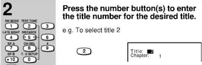 2 Press the number button(s) to enter the title number for the desired title. e.g. To select title 2 Title: ■2 Chapter: 1