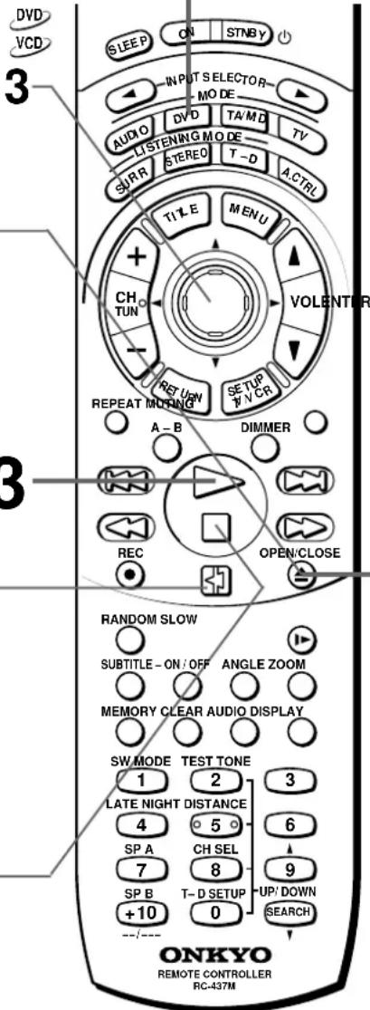 DVD VCD SLEEP ON STNBY 3 INPUT SELECTOR MODE AUDIO DVD TA/MD TV LISTENING MODE SURR STEREO T-D A CTRL TITLE MENU CH TUN RESET MURING SETUP A-B DIMMER REPEAT MURING REC OPEN/CLOSE RANDOM SLOW SUBTITLE - ON / OFF ANGLE ZOOM MEMORY CLEAR AUDIO DISPLAY SW MODE TEST TONE 1 2 3 LATE NIGHT DISTANCE 4 5 6 SP A CH SEL 9 7 8 SP B T- D SETUP UP/ DOWN +10 0 SEARCH ONKYO REMOTE CONTROLLER RC-437M
