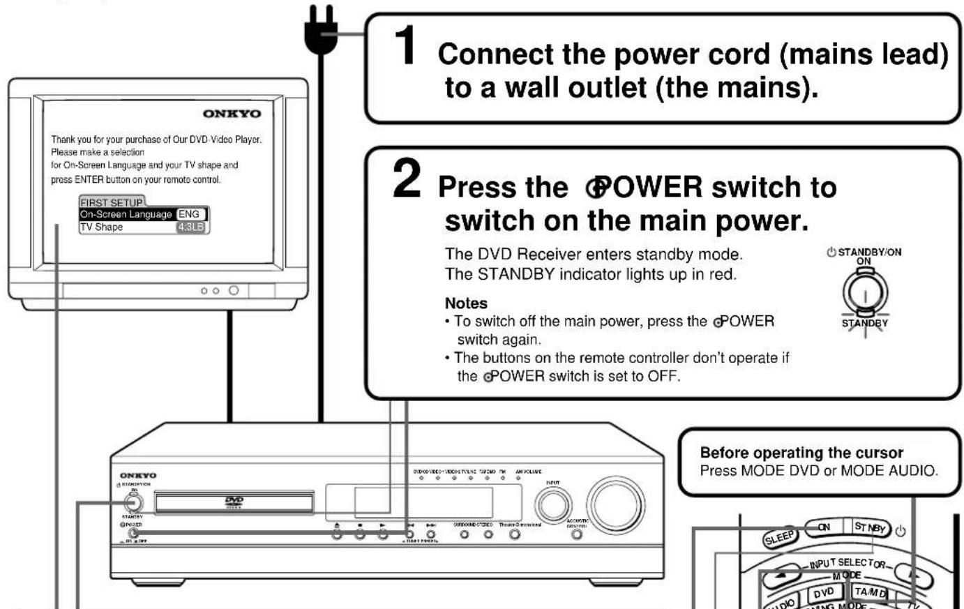 1 Connect the power cord (mains lead) to a wall outlet (the mains). 2 Press the ⒻPOWER switch to switch on the main power. The DVD Receiver enters standby mode. The STANDBY indicator lights up in red. Notes • To switch off the main power, press the ⒻPOWER switch again. • The buttons on the remote controller don't operate if the ⒻPOWER switch is set to OFF. Before operating the cursor Press MODE DVD or MODE AUDIO.