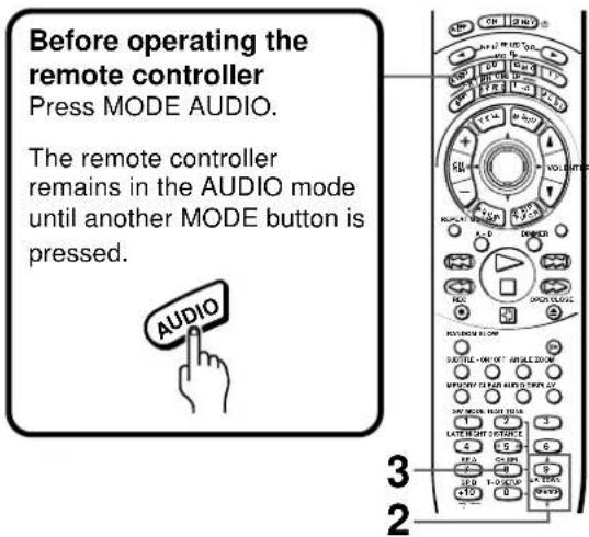 Before operating the remote controller Press MODE AUDIO. The remote controller remains in the AUDIO mode until another MODE button is pressed. AUDIO