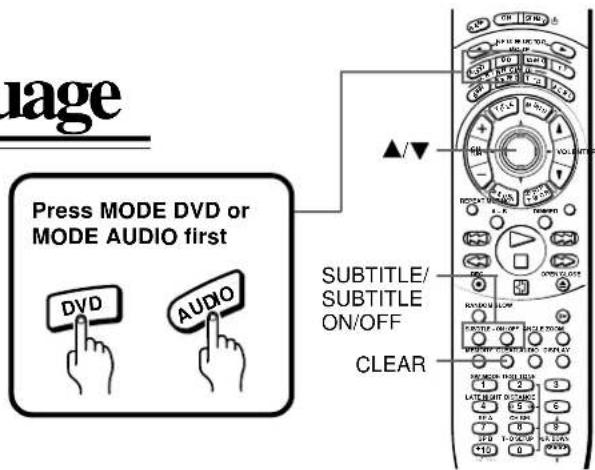 Page Press MODE DVD or MODE AUDIO first DVD AUDIO ▲/▼ SUBTITLE/ SUBTITLE ON/OFF CLEAR