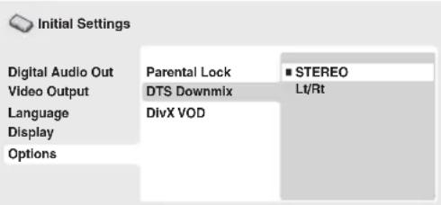 Initial Settings Digital Audio Out Video Output Language Display Options Parental Lock DTS Downmix DivX VOD STEREO Lt/Rt
