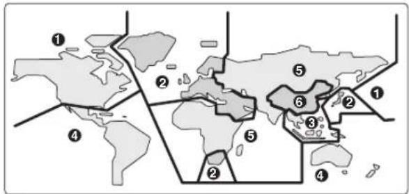 World map with numbered regions highlighting specific areas or countries in Africa and Asia