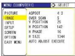 MENU [COMPUTER1] :SELECT PICTURE ASPECT 4:3 IMAGE OVER SCAN 5 INPUT V POSITION 25 SETUP H POSITION 142 SCREEN H PHASE 16 OPTION H SIZE 1344 EASY MENU AUTO ADJUST EXECUTE