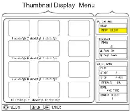 Thumbnail Display Menu 1 acodetgh 2 abodetgh 3 abodetgh 4 acodetgh 5 abodetgh 6 abodetgh 7 acodetgh 8 abodetgh 9 abodetgh 10 acodetgh 11 abodetgh 12 acodetgh P.O. CONTROL MENU INPUT SELECT HTMLA 1 NONE ALL ▲ Page Up ▼ Page Down SLIDE SHOW PLAY START 2 1 STOP # 999 INTERNAL 123c MODE ONIC TIME SCREEN SHEET 1 SELECT ENTER ENTER