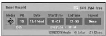 Timer Record Media PR Date StartTime EndTime Repeat HDD 10 11/1 Wed 12:03 12:33 Once C45 Duration : 30 M OK OK OK Mode Enter Close