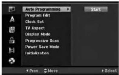 Auto Programming Program Edit Clock Set TV Aspect Display Mode Progressive Scan Power Save Mode Initialization Start Prev. More Select