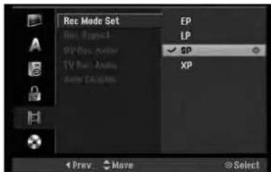 Rec Mode Set Rev: Wagon1 GP Box: Audio TV Box: Audio Audio Cabe EP LP ✓ SP XP Prev Move Select