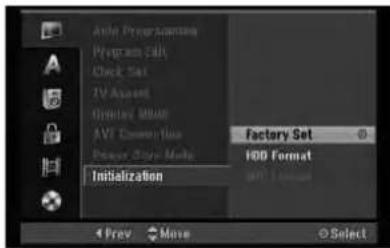 A Anle Preprocessing Program Edit Check Set TV Audio Current Audio AVI CompaVia Power Store Make Initialization Factory Set 100 Format OK/Cancel Prev Move Select