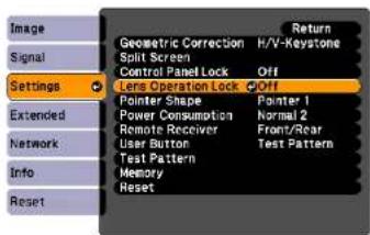 Settings Geometric Correction H/V-Keystone Split Screen Off Control Panel Lock Off Lens Operation Lock Off Pointer Shape Pointer 1 Power Consumption Normal 2 Remote Receiver Front/Rear User Button Test Pattern Test Pattern Memory Reset