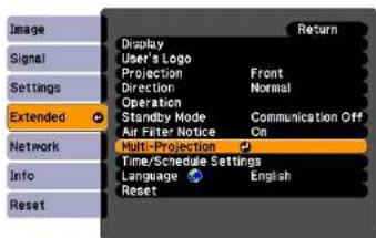 Image Signal Settings Extended Network Info Reset Display User's Logo Projection Direction Operation Standby Mode Air Filter Notice Multi-Projection Time/Schedule Settings Language Reset Return Front Normal Communication Off On English