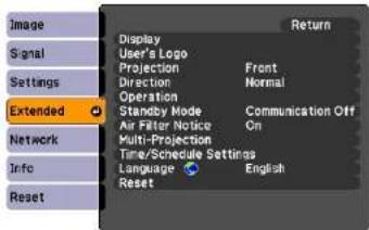 Image Signal Settings Extended Network Info Reset Display User's Logo Projection Direction Operation Standby Mode Air Filter Notice Multi-Projection Time/Schedule Settings Language Reset Return User's Logo Projection Direction Operation Standby Mode Air Filter Notice Multi-Projection Time/Schedule Settings Language English