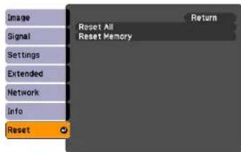 Image Signal Settings Extended Network Info Reset Reset All Reset Memory Return